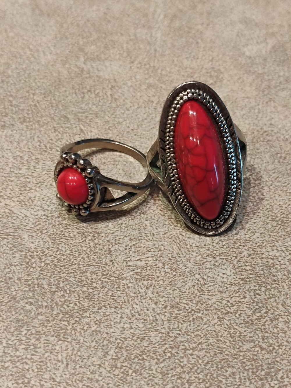 Red Turquoise Stone Set Sterling Overlay Style Oval and Round Ring